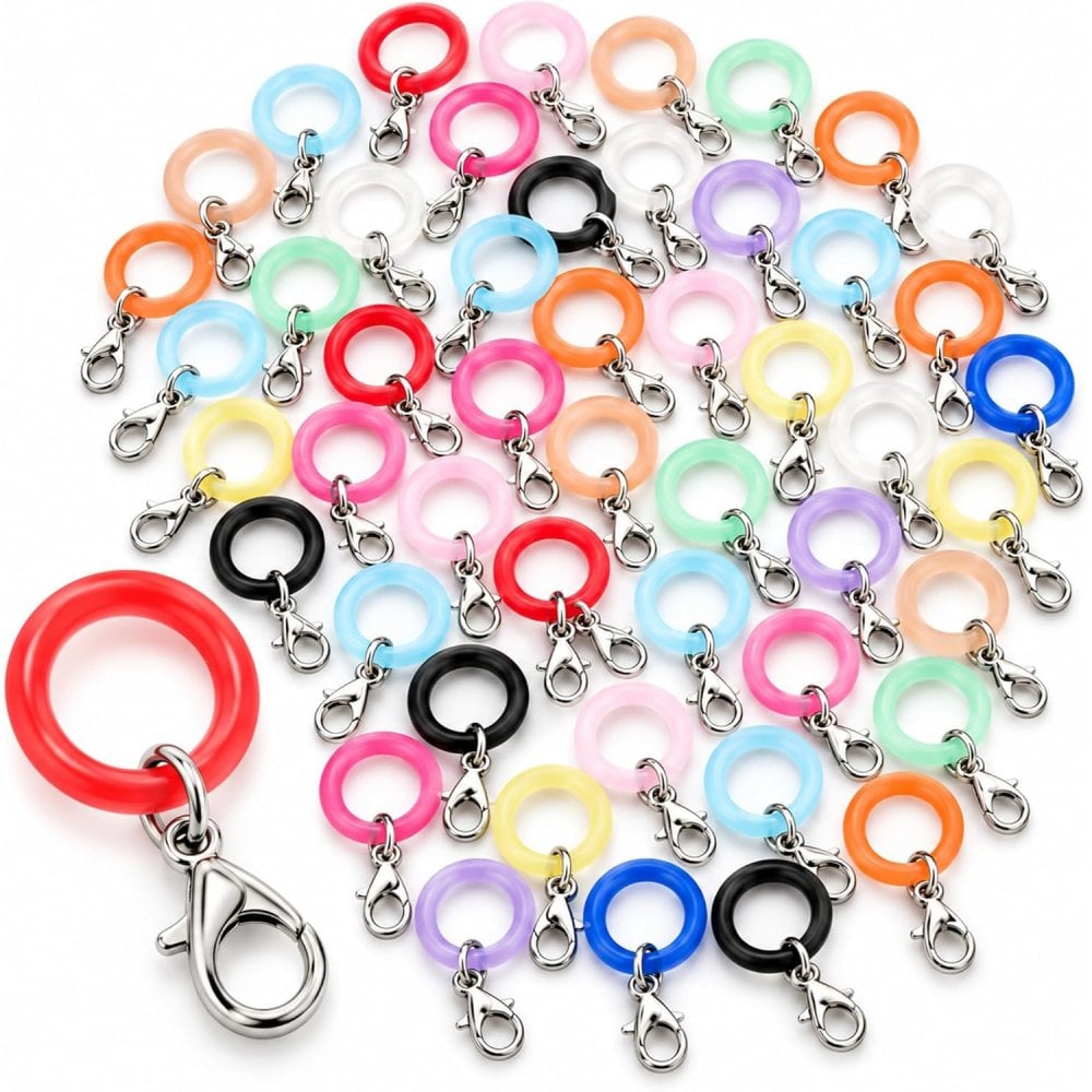 シリコンリング カニカン付き 50個セット DIYパーツ 2タイプ メタルフック付き ハンドメイド アクセサリー チャーム 手芸 小物作り 傘マーカー キーホルダー用 LB0HM7BD162