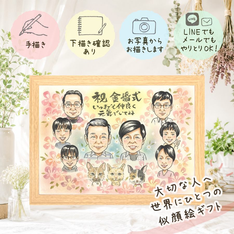 ギフト 金婚式 似顔絵 名入れ プレゼント 手描き 贈り物 金婚式 結婚50周年 記念日 お祝い 結婚記念日 大人数 祖父母 お母さん お父さん 家族 夫婦 両親 修正無料 下書き確認 名入れ 喜ばれる 宝物 親孝行 実績多数 50周年 思い出 感謝 長寿 快気祝い 卒寿祝い 喜寿祝い 節目 大量注文 オーダーメイド 贈答品 ハロウィン バレンタインデー お祝いの品