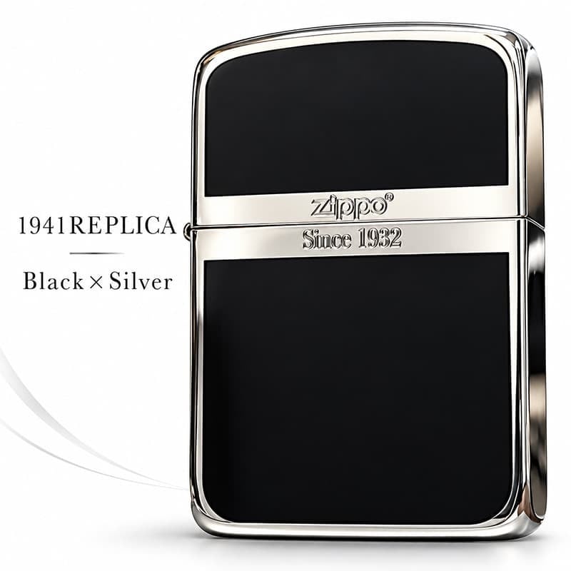 ZIPPO ライター ジッポ 1941 復刻 レプリカ シルバー＆ブラック 黒銀 スタンダード 両面加工 かっこいい おしゃれ シンプル 丸角 メンズ ギフト