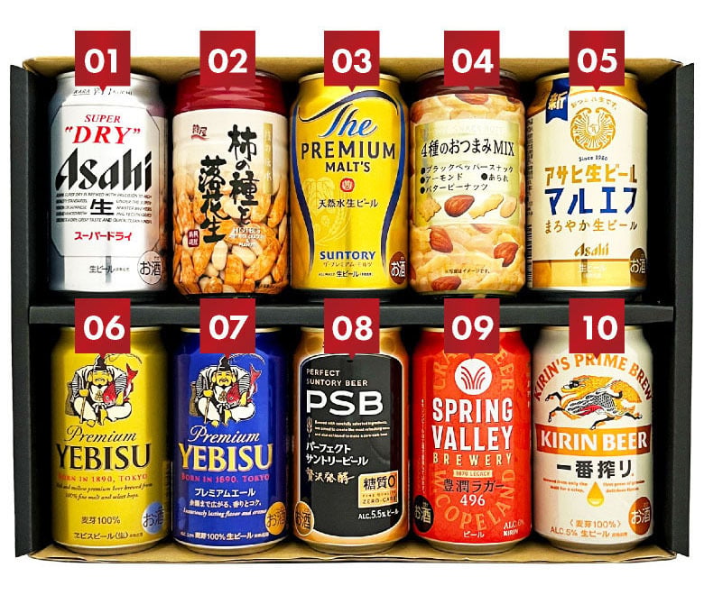 ビール おつまみ ＆ プレミアム・定番ビール 飲み比べ ビール ギフト セット　誕生日プレゼント お歳暮 お供え  ビール 8本 ＆ おつまみ 2個 ビール 詰め合わせ 出産 お祝い 内祝い お返し 送料無料対象外地域有【包装済】