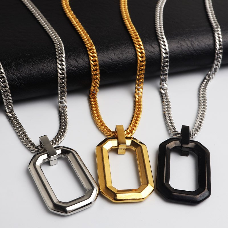 ステンレス スクエア 多角形 ペンダントネックレス シンプルネックレス 小ぶり ダブル喜平チェーン 細身 ゴールド 18KGP シルバー ブラック 図形 小さい メタル 幾何学 メンズ 男性 金属アレルギー対応