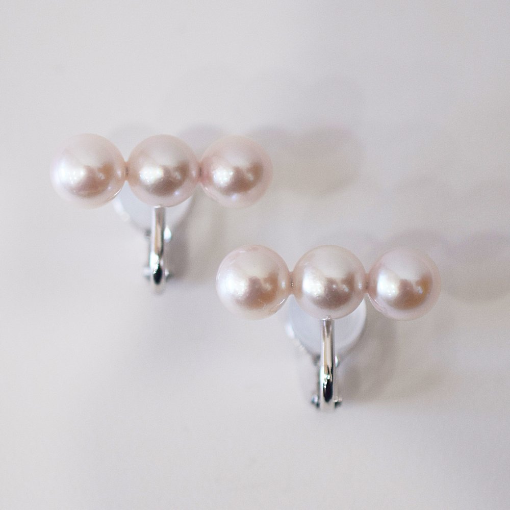 ［pearl616］ 7.5mm - 8mm ホワイトピンク 3連 イヤリング あこや真珠 本真珠 熊本 天草 真珠