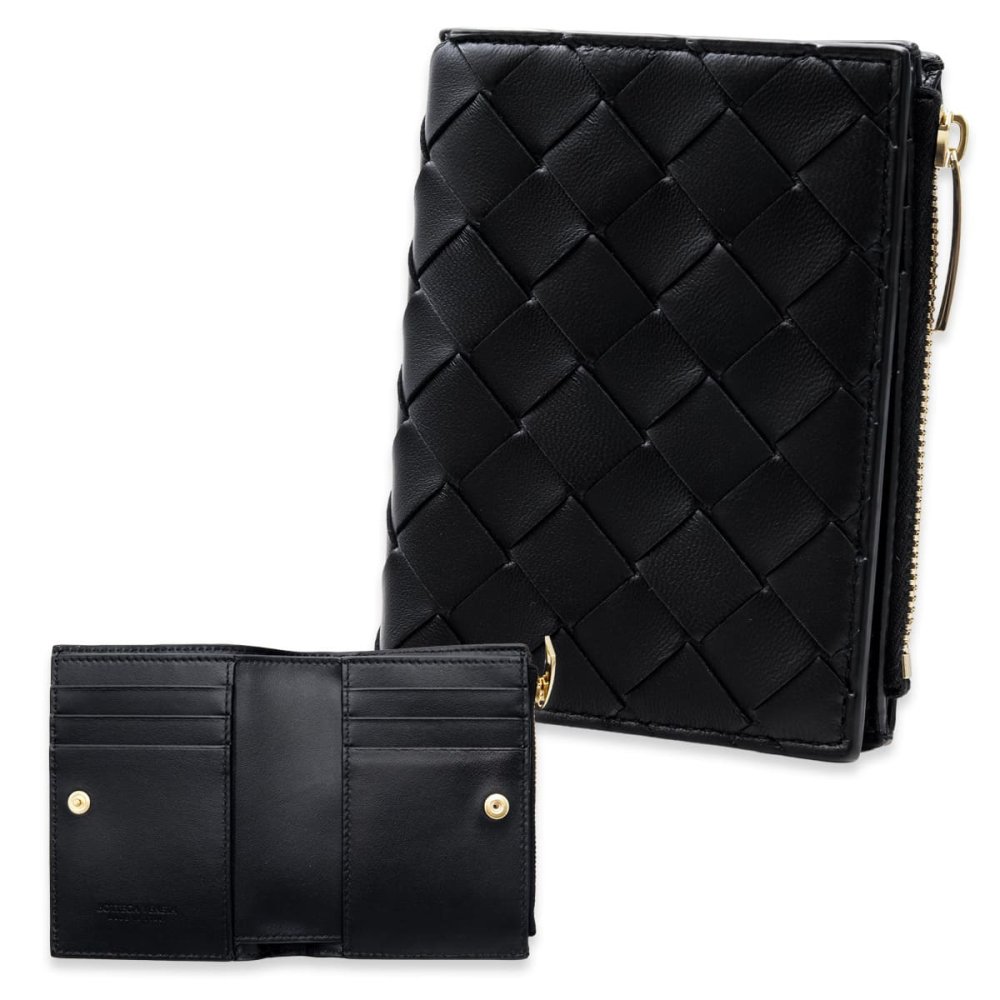 ボッテガヴェネタ BOTTEGA VENETA 二つ折り財布 レディース メンズ イントレチャート 本革 レザー ブラック 黒 ミニ財布 小銭入れ付き ファスナー コインケース 742330 V3UH2 8425