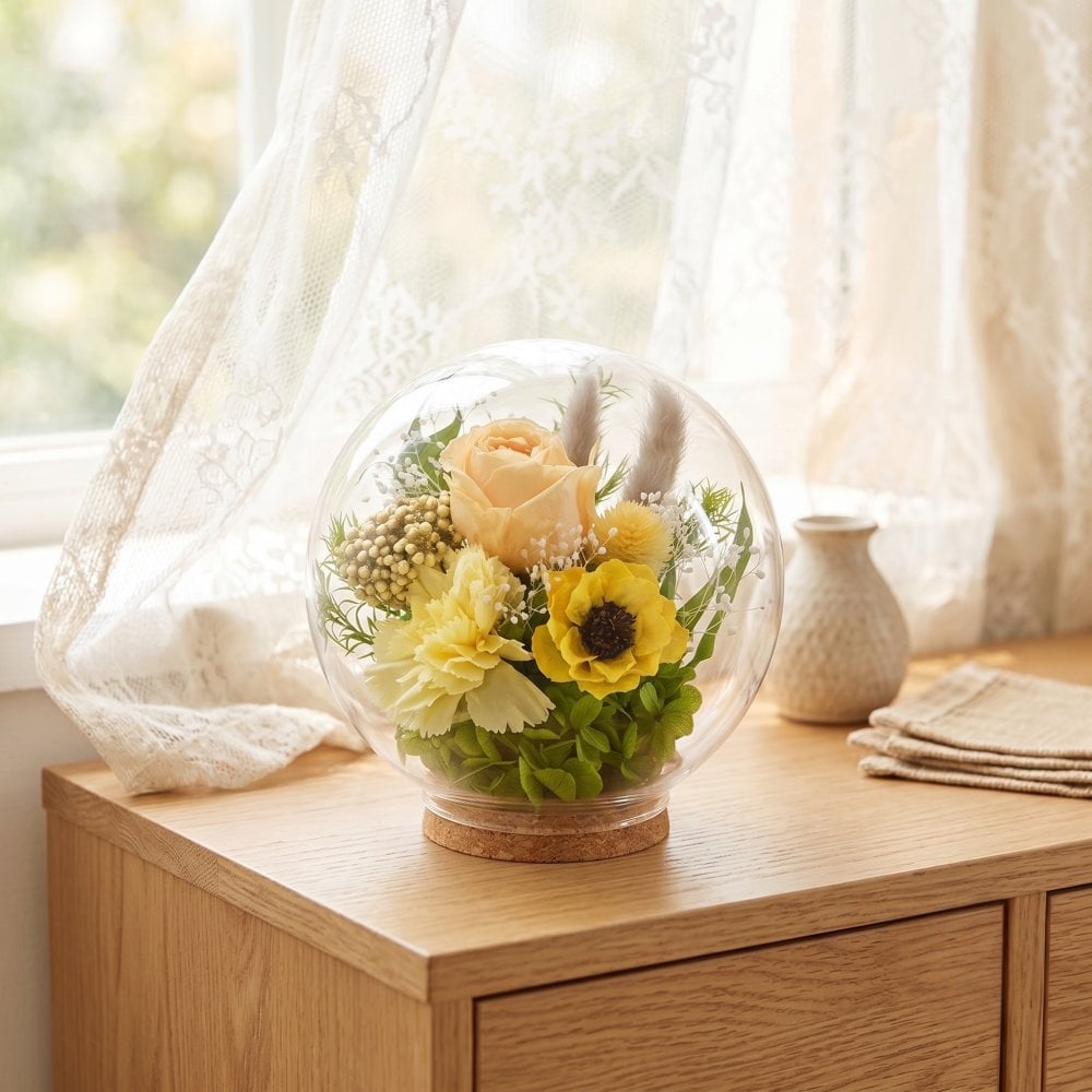 プリザーブドフラワー ガラスドーム【陽だまり〜Glass Bloom〜】｜送料無料・上品で長く飾れる花ギフト