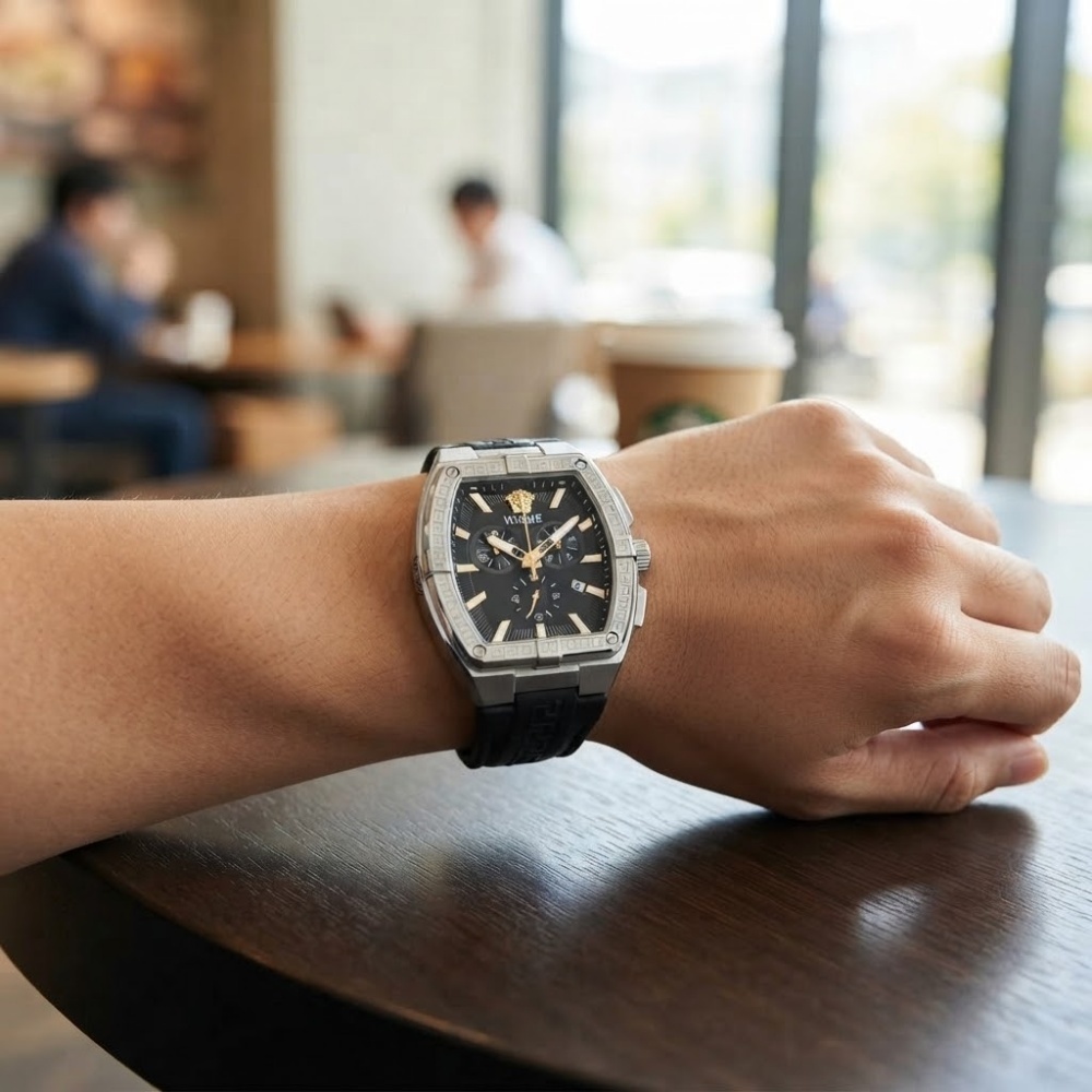 ヴェルサーチェ 腕時計 メンズ ブラック シルバー ゴールド クロノグラフ 44mm VERSACE SPORTY TONNEAU GRECA スポーティ トノー グレカ 黒 レザー 革ベルト スイス製 高級 ブランド プレゼント ギフト 卒業 入学 お祝い