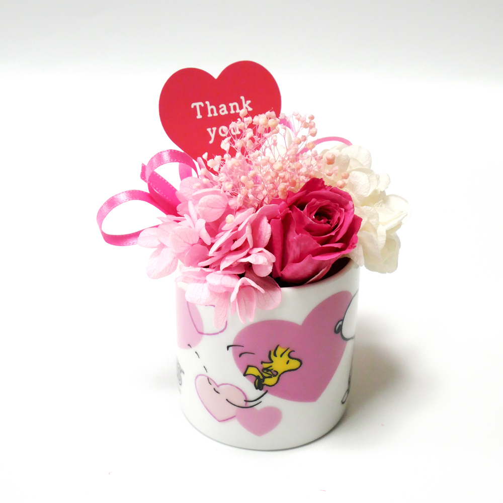 【公式ライセンス商品】スヌーピーハートミニカップピンク（Thank you・Happy Birthday・Congratulations) / プリザーブドフラワー 花 お花 フラワー フラワーギフト キャラ スヌーピー かわいい 雑貨 インテリア プレゼント ギフト 母の日 誕生日 記念日 お祝い