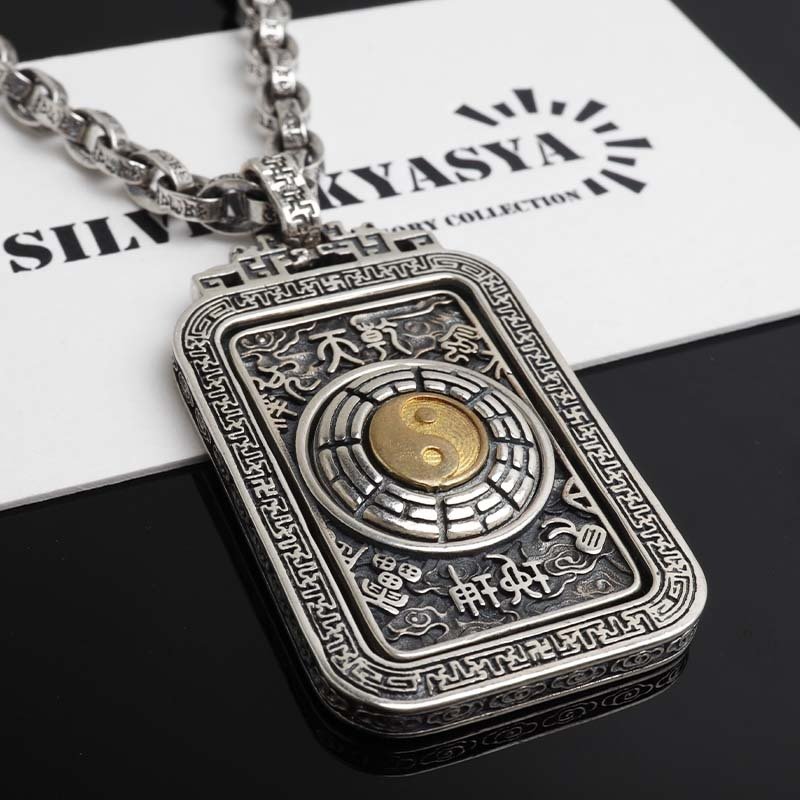シルバー925 太極八卦ネックレス ごつめ ペンダントネックレス 六字真言 ペーパーチェーン メンズネックレス シルバー 回転ギミック 太め 大きめ 重厚感 個性的 梵字 陰陽 太極図 燻し 精巧 男性 金属アレルギー対応