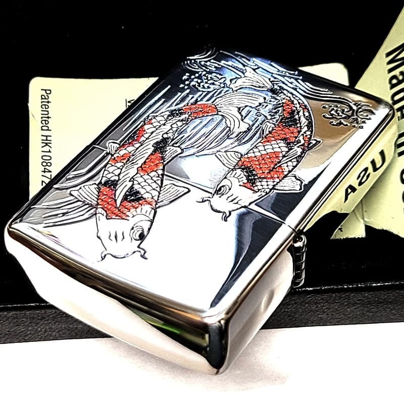 ZIPPO ライター 昇鯉 銀燻し 彫刻 渋い 和柄 御守り かっこいい ジッポ シルバー レッド ホワイト おしゃれ メンズ ギフト プレゼント