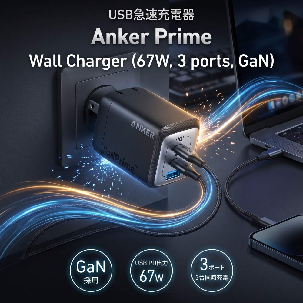 【ラッピング無料】Anker アンカー Prime Wall Charger 67W USB急速充電器 3ポート GaN コンパクト 折りたたみ式 スマホ PC充電 誕生日 ギフト プレゼント
