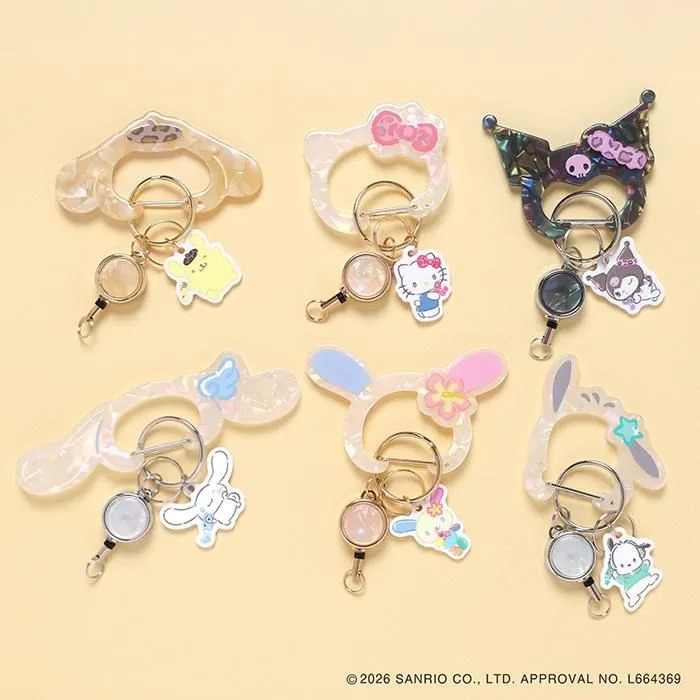 サンリオ カラビナ リール付き シナモロール クロミ ウサハナ ポチャッコ ポムポムプリン ハローキティ Sanrio キーホルダー かわいい キーチェーン おしゃれ 盗難防止 紛失防止 バッグチャーム 着脱 落下防止 キーリール 金具 ギフト フラワーリング