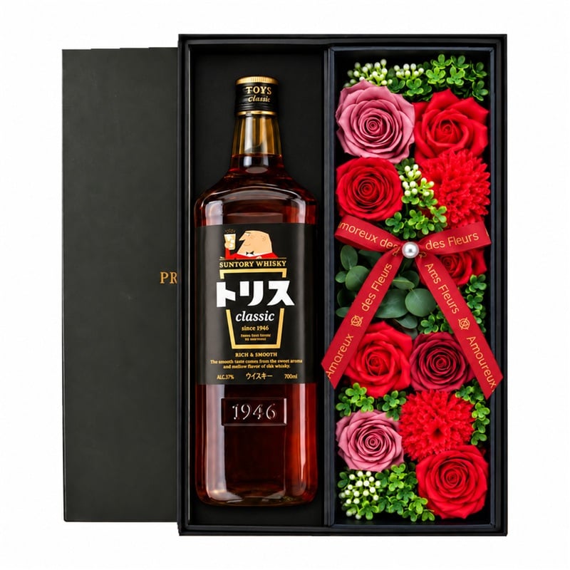 トリス クラシック お酒 酒 ウイスキー サントリー ウィスキー ハイボール ギフト プレゼント おしゃれ かわいい 珍しい ソープフラワー フラワーボックス 花 お花 定年退職 還暦祝い 退職祝い 男性 女性 お祝い 古希 喜寿 傘寿 米寿 卒寿 白寿