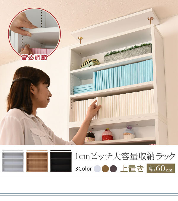 ラック 1cmピッチ 薄型 大容量 文庫本 上置き 幅60 本棚 壁面収納 突っ張り 木製 コミック 本収納 ぶんこ本 マンガ CD ブルーレイ 新生活