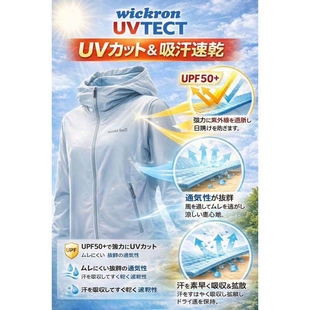【モンベル UVカットパーカー メンズ】mont-bell WIC.UVテクト パーカ Men's #1114936 UPF50+ ウイックロン ジップアップ フード付き 速乾 通気性 制菌防臭 サムホール付き 登山 釣り 自転車 ラッピング無料 ギフト プレゼント アウトドア用 アウトドアグッズ