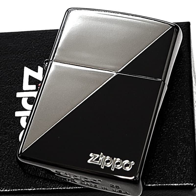 ZIPPO ライター かっこいい ブラック＆シルバー ジッポ ロゴ エッチング彫刻 銀差し ギフト 黒 銀 メンズ おしゃれ プレゼント