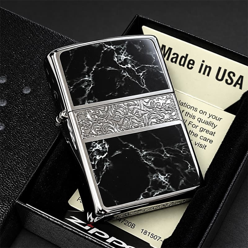 ZIPPO かっこいい アラベスク＆黒大理石 ジッポライター Arabesque Marble 両面加工 彫刻 シルバー ブラック ギフト おしゃれ 黒銀 メンズ プレゼント 送料無料