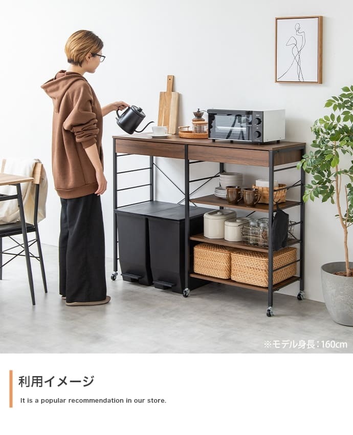 キッチンカウンター ゴミ箱収納 ゴミ箱上ラック レンジラック ダストボックス キッチンラック レンジ台 収納棚 おしゃれ 北欧 シンプル キッチン 収納 間仕切り 120cm幅 背面収納ありタイプ ：