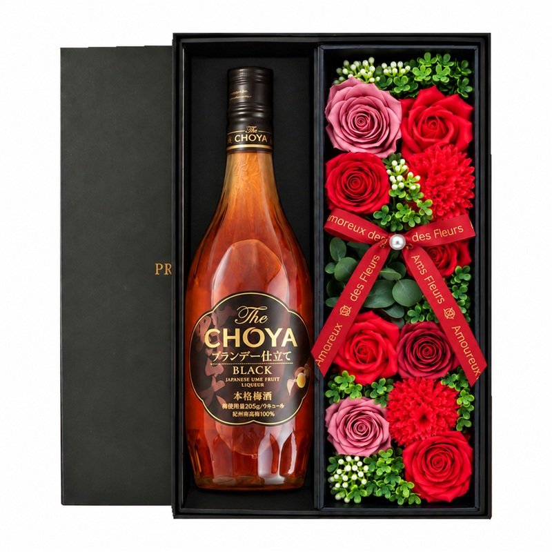 CHOYA 梅酒 700mlセット お酒 チョーヤ ギフト記念日 プレゼント ソープフラワー フラワーボックス 花 お花 定年退職 還暦祝い 退職祝い 男性 女性 お祝い 古希 喜寿 傘寿 米寿 卒寿 白寿 百寿