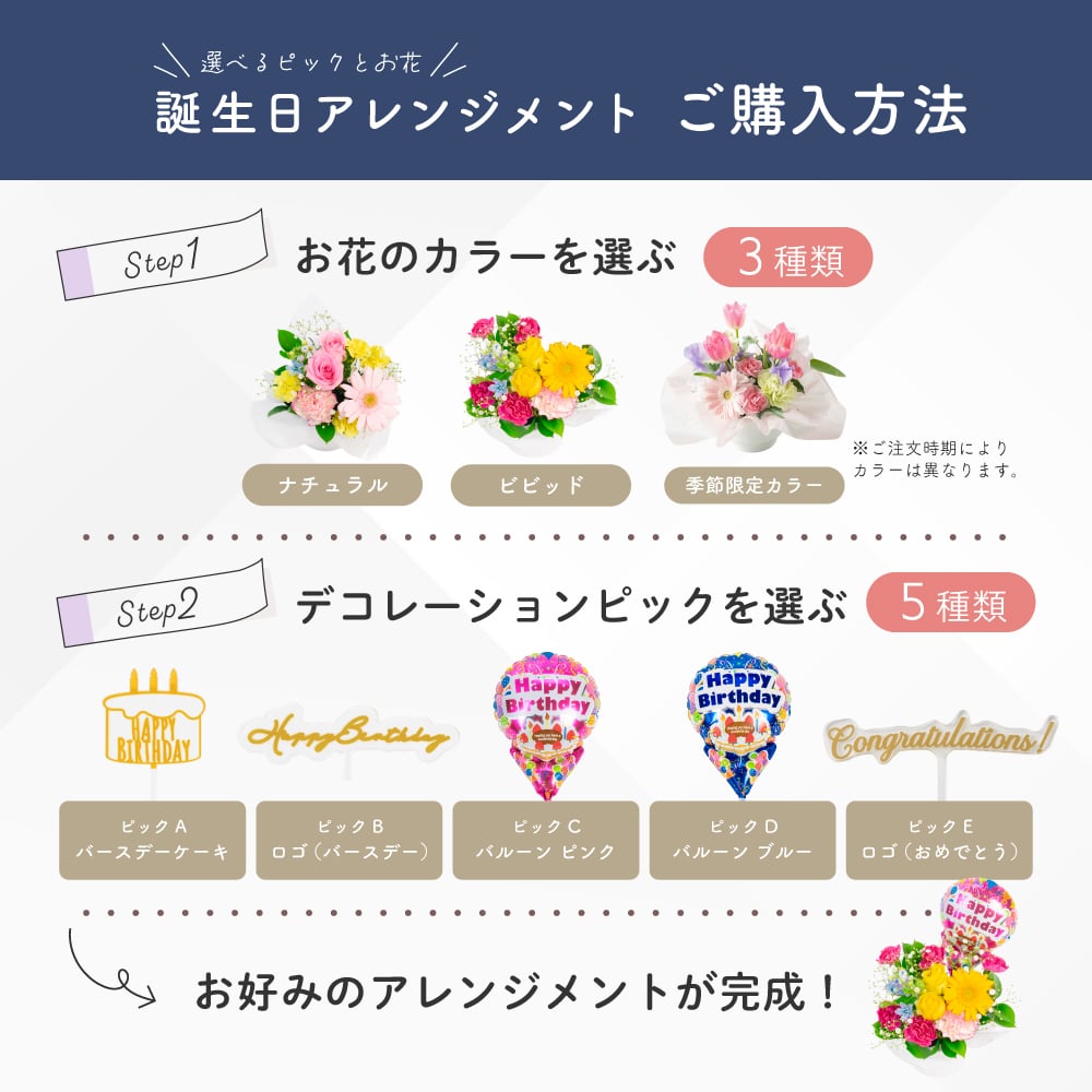【選べるピック】誕生日アレンジメント 誕生日のお祝いにぴったりな 季節のアレンジメント そのまま飾れる バルーンフラワー 生花 花市場から直送 お祝い お誕生日 かわいい おしゃれ  子供 キッズ ギフト プレゼント 即日発送 手提げ付き メッセージカード無料