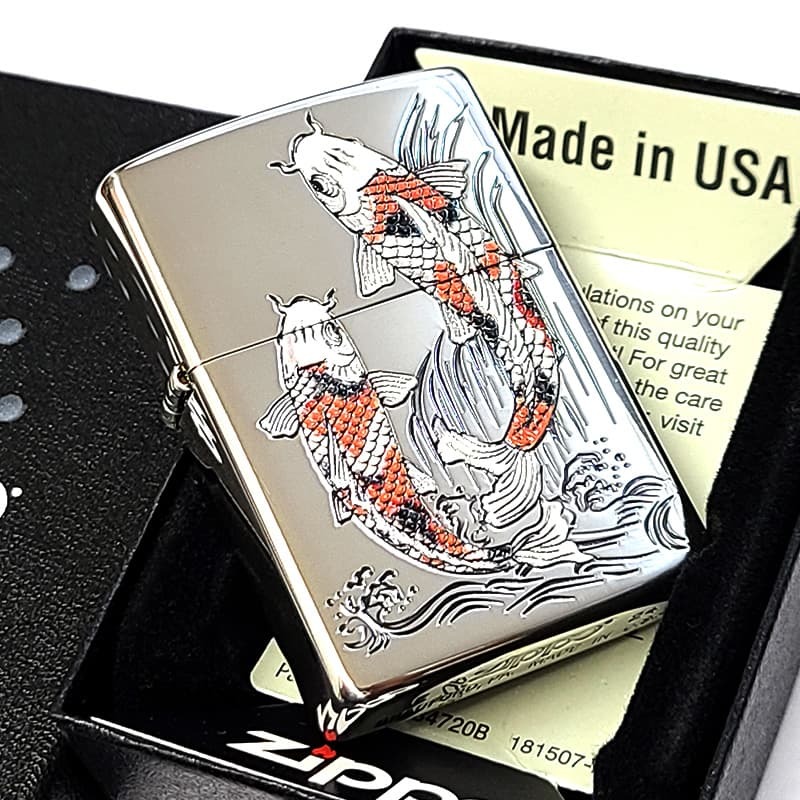 ZIPPO ライター 昇鯉 銀燻し 彫刻 渋い 和柄 御守り かっこいい ジッポ シルバー レッド ホワイト おしゃれ メンズ ギフト プレゼント