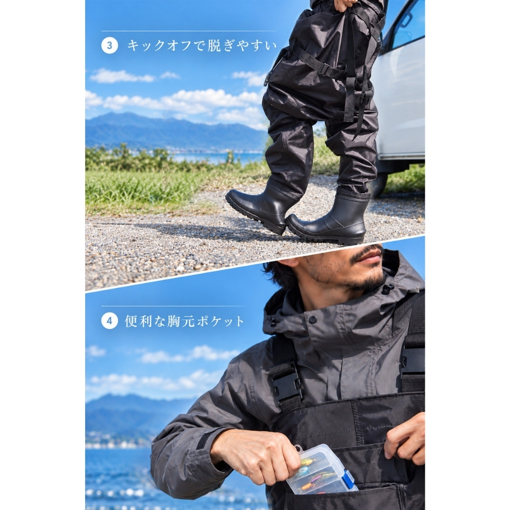 GranWalker グランウォーカー ショートブーツ チェストハイウェーダー ラジアルソール 軽量 完全防水 釣りグッズ 渓流 サーフ アウトドア用 キャンプ