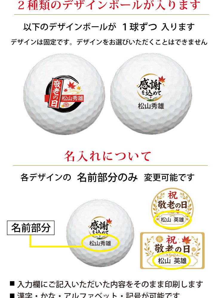 最短即日出荷！ 敬老の日 名入れゴルフボール２球＋マーカー台座セット【感謝・お祝いデザイン】(メーカーお任せ公認球) 化粧箱入り ギフトラッピング無料