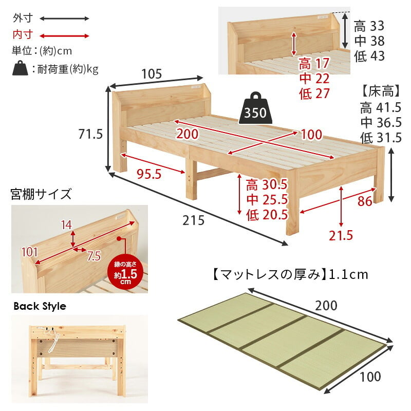 ベッド 寝具 棚 コンセント付き 畳シングル +畳マットレス 高さ3段階 調節可能 畳 2種類 い草 畳み 畳マットレス 爽やかな天然い草 湿気 すのこ 床面下 大容量 収納スペース 衣装ケース
