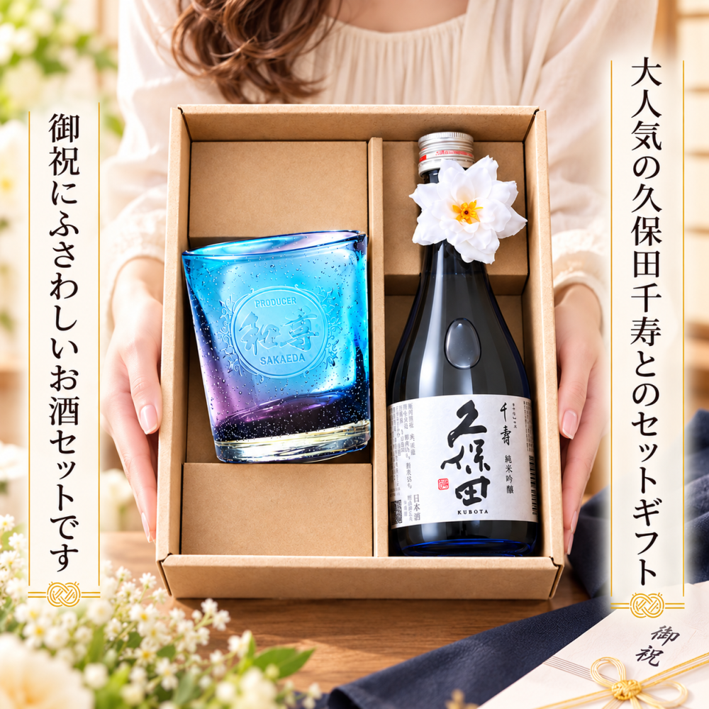 敬老の日 退職 名入れ ギフト SXX 酒セット 日本酒 久保田 千寿 純米吟醸 300ml & 気泡入り琉球調ロックグラス コサージュ付 ギフトBOX入り / プレゼント ギフト 退職 記念 誕生日 還暦 古希 喜寿 傘寿 米寿 緑寿 早寿 長寿 祝い