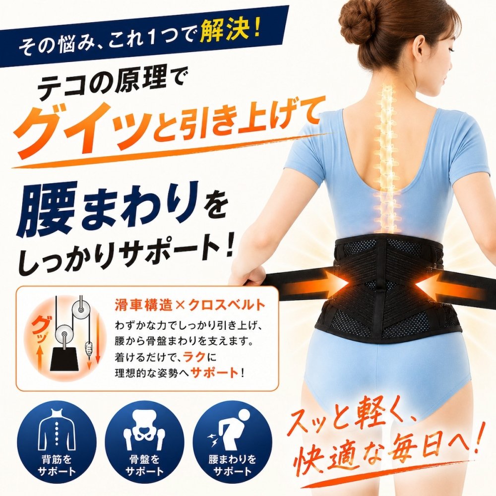腰サポーター 腰をグイッと滑（なめ）らくパワーベルト 腰ベルト 骨盤ベルト サポートベルト 滑車構造 軽い力で締めやすい メッシュ 通気性 男女兼用 日本製 S-M M-L 立ち仕事 デスクワーク 腰サポート 健康グッズ ご両親 祖父母 敬老の日 父の日 母の日 プレゼント ギフト