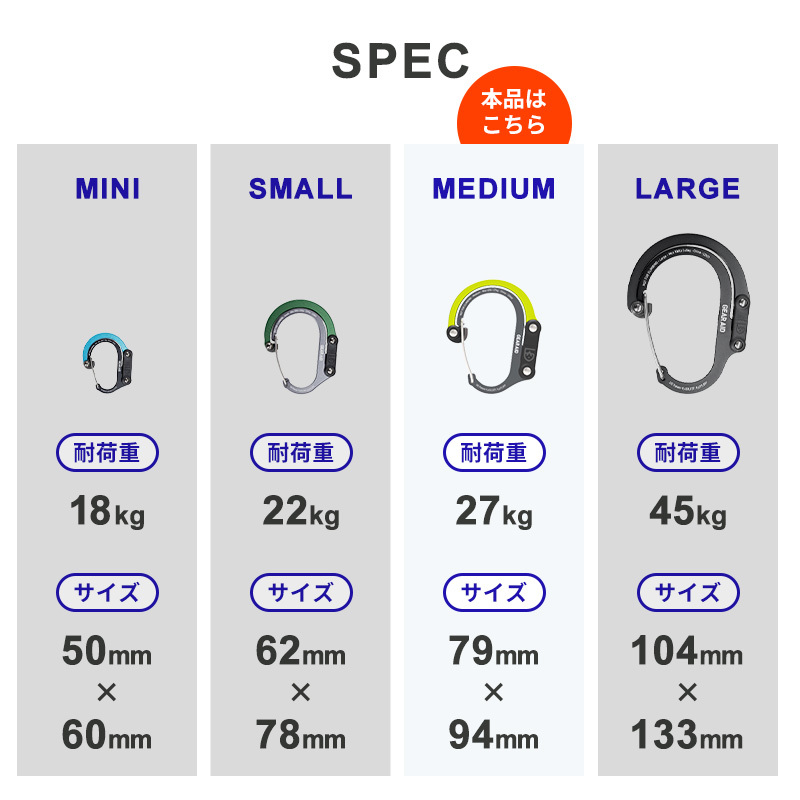 GEARAID ギアエイド ヒーロークリップ ミディアム HEROCLIP MEDIUM カラビナ フック バッグハンガー アウトドア 耐荷重27Kg 吊りフック S字フック 回転フック 回転 360度 キャンプ 登山 オフィス 外出先