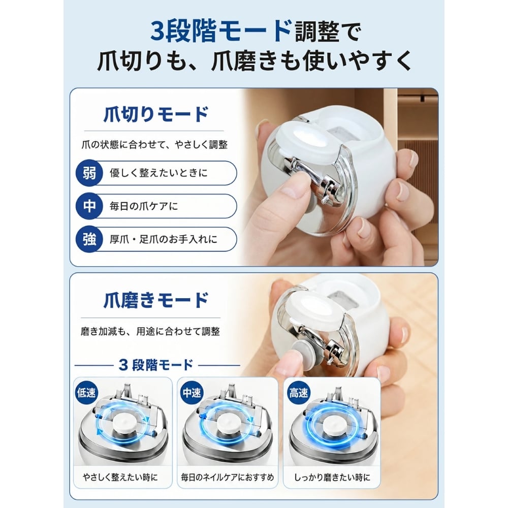 【熨斗・ラッピング無料】電動爪切り 2WAY 爪切り 爪磨き 3段階速度調節 拡大鏡 LEDライト USB Type-C充電 ホワイト ブルー ギフト 敬老の日 出産祝い ベビーグッズ 誕生日 プレゼント