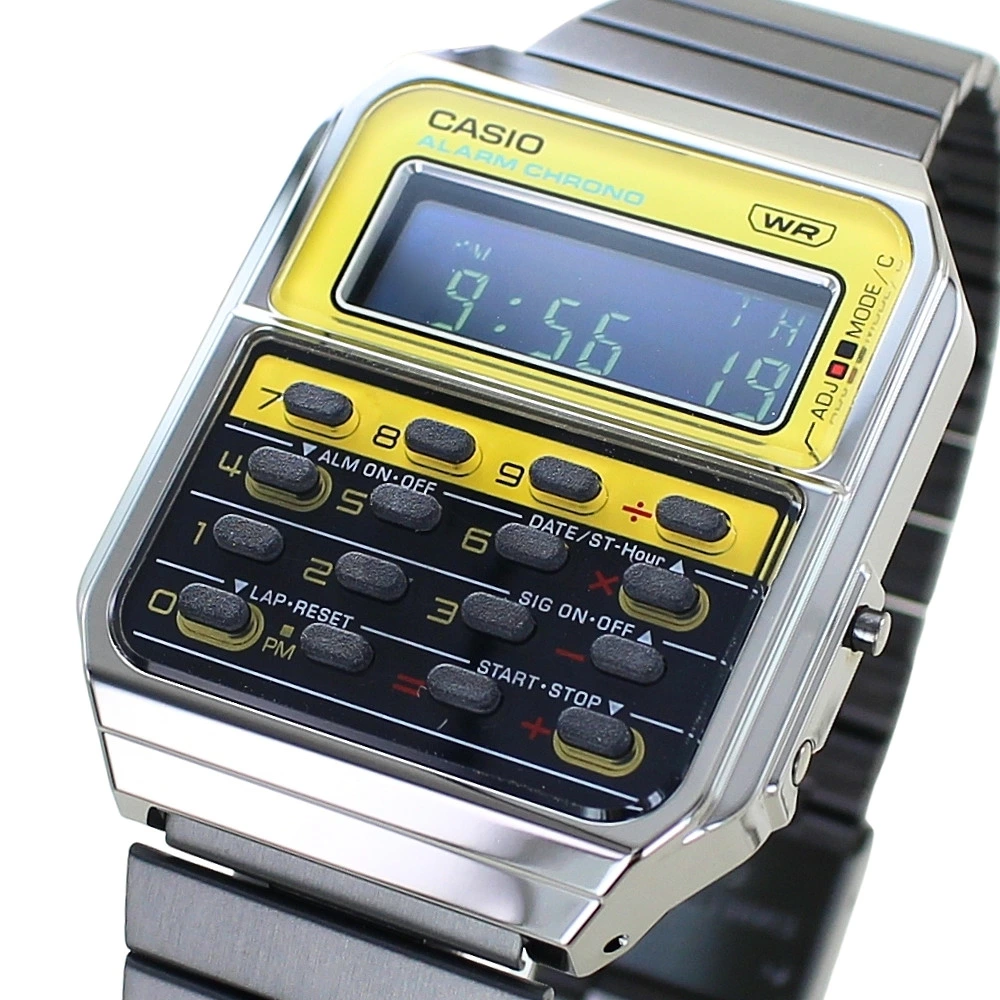箱なし カシオ 腕時計 メンズ レディース CASIO 電卓 デジタル ガンメタ イエロー レトロ ヴィンテージ デュアルタイム ストップウォッチ アラーム 海外モデル 逆輸入 プレゼント ギフト 成人 卒業 入学