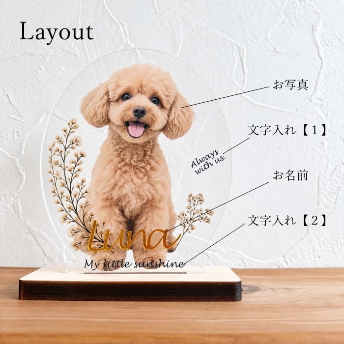 うちの子フラワーアクリルスタンド　　名入れ オーダーメイド 犬 猫 うさぎ ペット 透明 プレゼント ギフト 写真立て フォトスタンド 記念 メモリアル ナチュラル 可愛い アクスタ 遺影 位牌