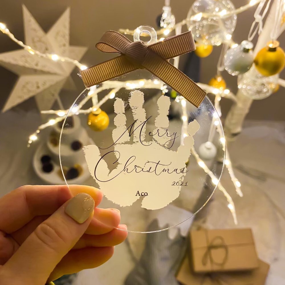 【発送前にサンプル作成で安心】〈お子様の手形で〉クリスマス クリア オーナメント 飾り アクリル 飾り 装飾 ナチュラル グッズ アイテム おうち 赤ちゃん フォトブース Merry Christmas 映え スタジオ ホームパーティ バースデー メモリアル 出産 内祝い 撮影 小物 ツリー