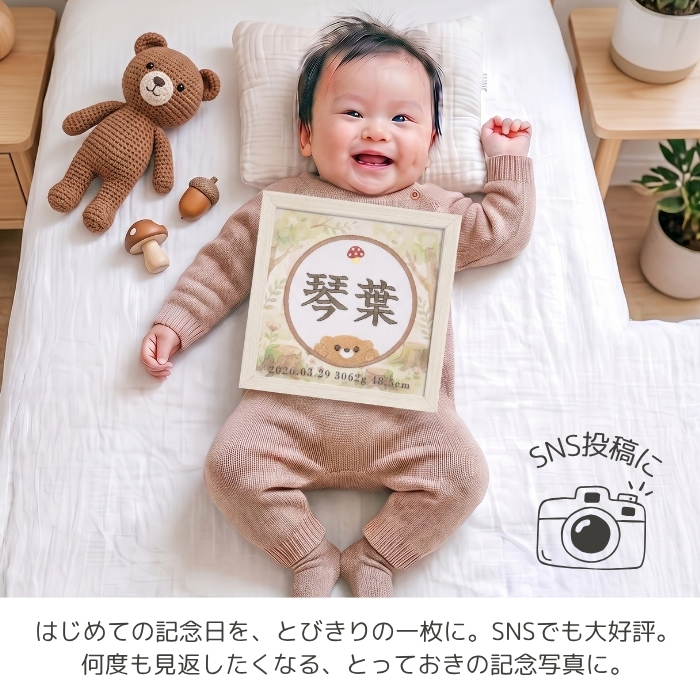 命名書 刺繍 刺しゅう おしゃれ 男の子 女の子 クマ テディベア ブラウン 北欧 きのこ 赤ちゃん フレーム 額縁 オーダー 名前 箱 かわいい 可愛い 送料無料 名前旗 命名式 ベビー 名入れ お七夜 お宮参り 100日記念 七五三 節句 誕生日 出産祝い