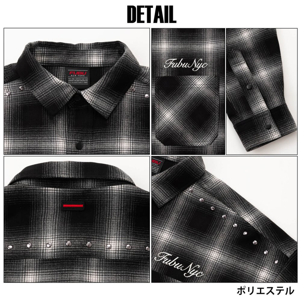 FUBU フブ チェックシャツ メンズ レディース fam-62100 スタッズ オンブレチェック ネルシャツ 長袖 シャツ スナップボタン 刺繍 オーバーサイズ ストリート ヒップホップ ダンス カジュアル M L XL XXL 2026FW Karlas