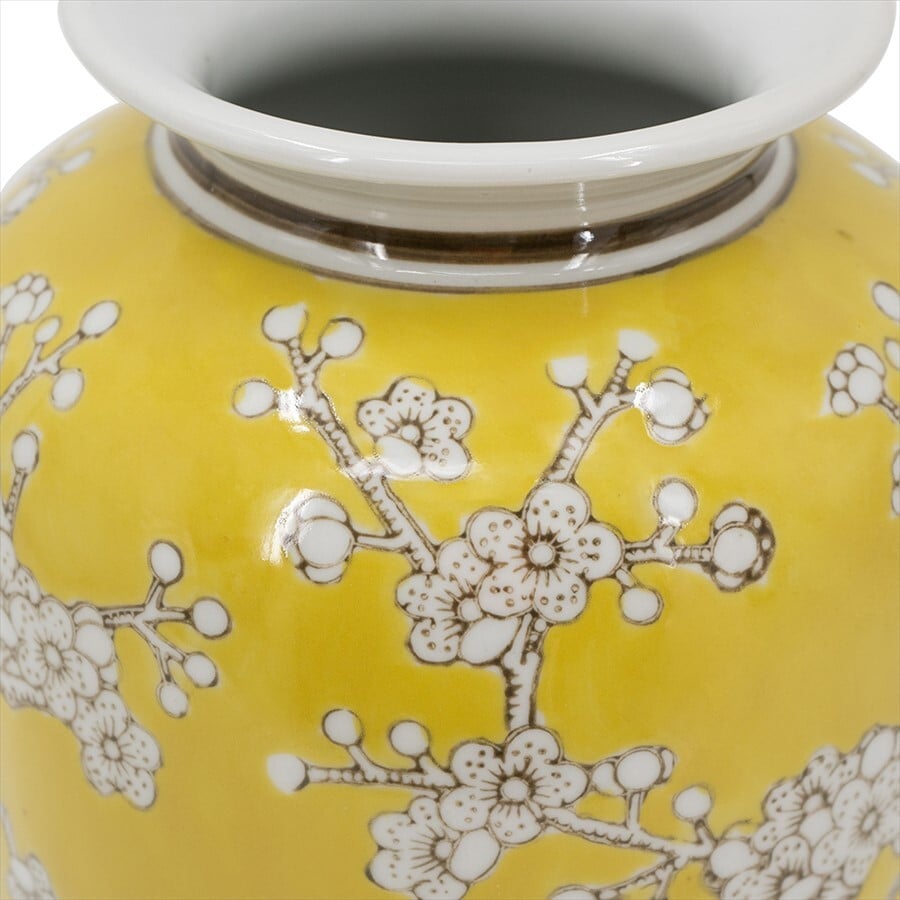 シノワズリ 壺 高さ27cm 縦型 イエロー 磁器 ジャー 花びん 花瓶 花器 ディスプレイ 置物 風水 開運