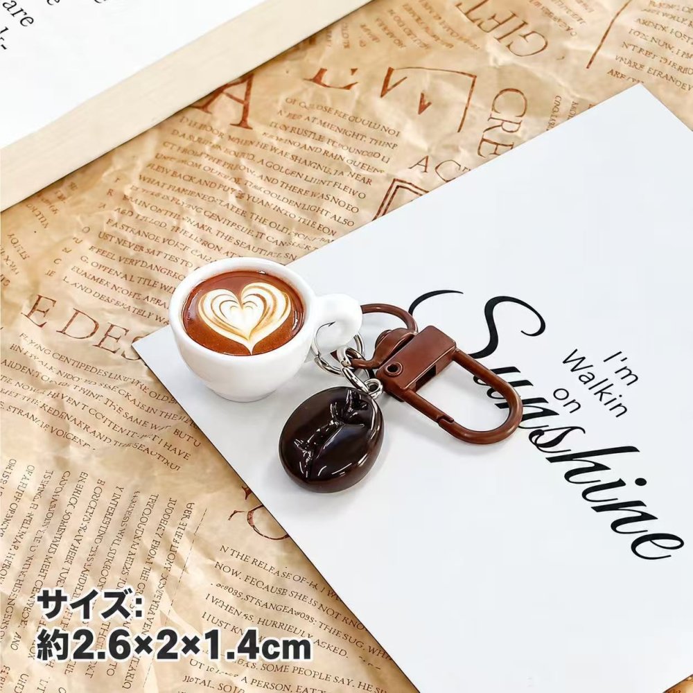コーヒー キーホルダー 2点セット ミニチュア コーヒーカップ コーヒー豆 バッグチャーム カラビナ キーリング カフェ ラテアート おしゃれ かわいい バッグ 飾り プレゼント