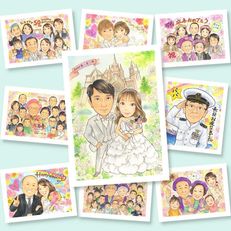 結婚式のプレゼントに、より気持ちが伝わる贈り物に。ラッピング対応で、贈り物として渡しやすい似顔絵です。 ギフト 似顔絵 結婚式 贈り物 プレゼント 名入れ 手描き 結婚式 ブライダル ウェディング 記念 婚礼 カップル 新郎 新婦 両親 下書き確認 修正無料 名入れ かわいい 喜ばれる 実績多数 親孝行 一生もの ウェディング 結婚式 思い出 古希祝い 家族 お祝いの品 大量注文 ホワイトデー