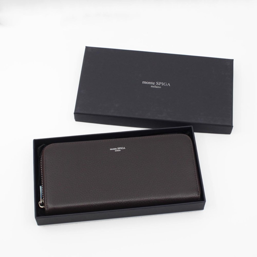モンテスピガ　monte SPIGA　ラウンドファスナー長財布　MOSMSP103DBR　濃茶　ダークブラウン　シュリンクレザー　牛革　ラウンドジップ ロングウォレット