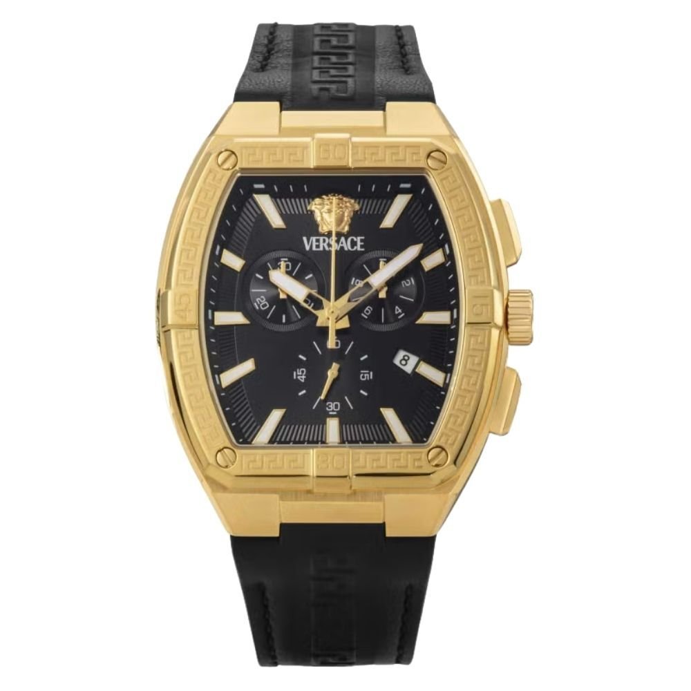 ヴェルサーチェ 腕時計 メンズ ゴールド ブラック クロノグラフ 44mm VERSACE SPORTY TONNEAU GRECA スポーティ トノー グレカ 黒 レザー 革ベルト スイス製 高級 ブランド おしゃれ プレゼント ギフト 卒業 入学 お祝い