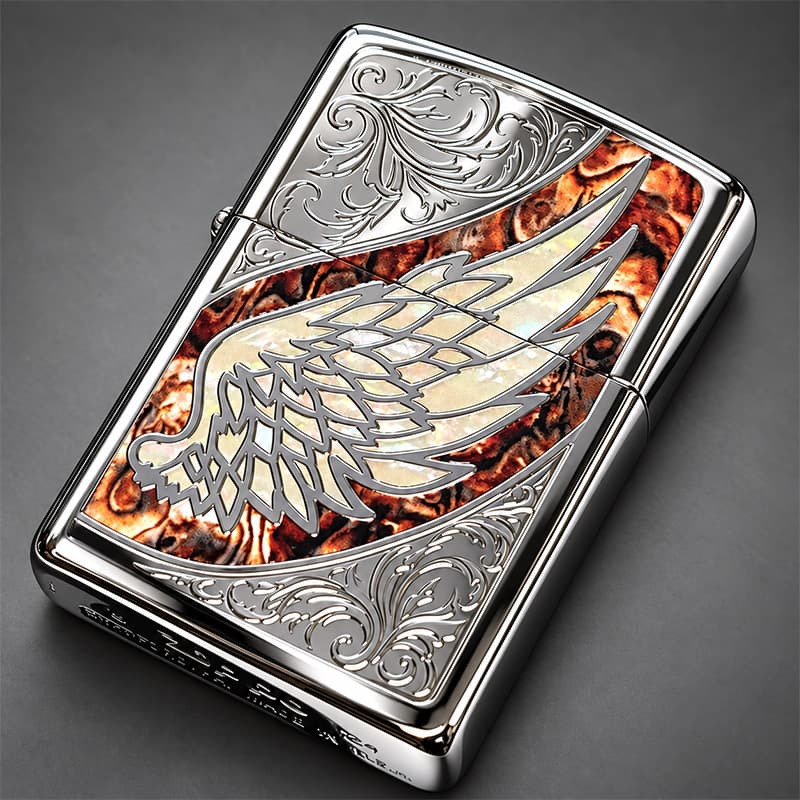 ZIPPO ウイング 天使の羽 ジッポ ライター マーブル ブラウン おしゃれ 翼 シルバー アラベスク 彫刻 茶 御守り メンズ レディース かっこいい ギフト プレゼント