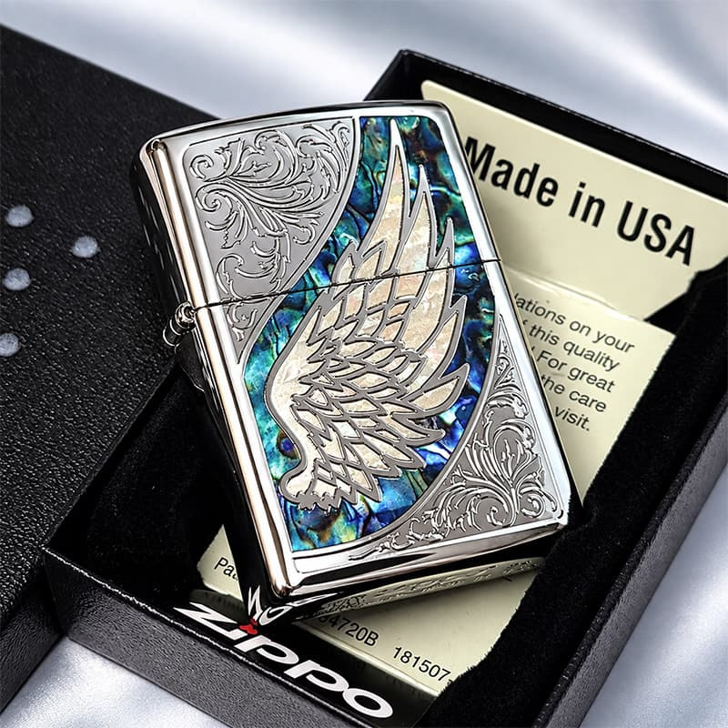 ZIPPO ライター 天使の羽 ウイング ジッポ グリーン マーブル シルバー 翼 アラベスク 彫刻 おしゃれ かっこいい 緑 御守り メンズ レディース ギフト プレゼント