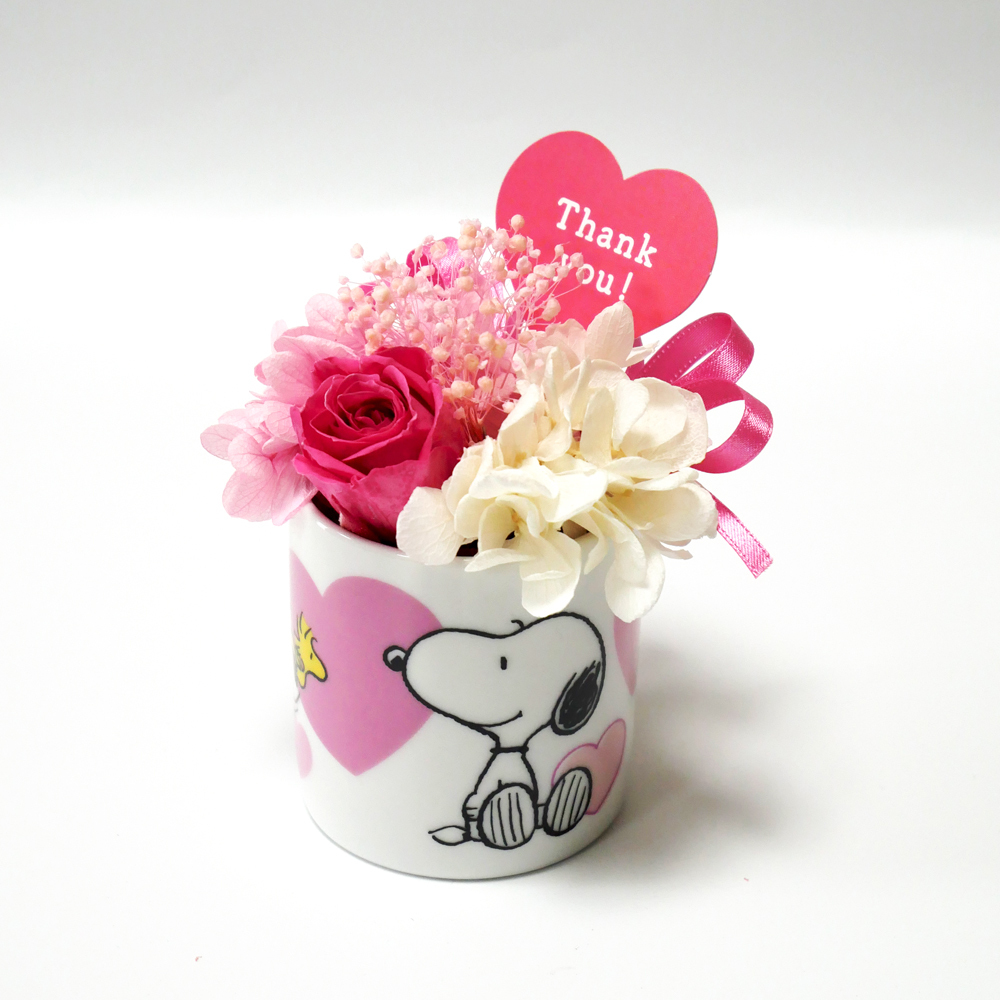 【公式ライセンス商品】スヌーピーハートミニカップピンク（Thank you・Happy Birthday・Congratulations) / プリザーブドフラワー 花 お花 フラワー フラワーギフト キャラ スヌーピー かわいい 雑貨 インテリア プレゼント ギフト 母の日 誕生日 記念日 お祝い