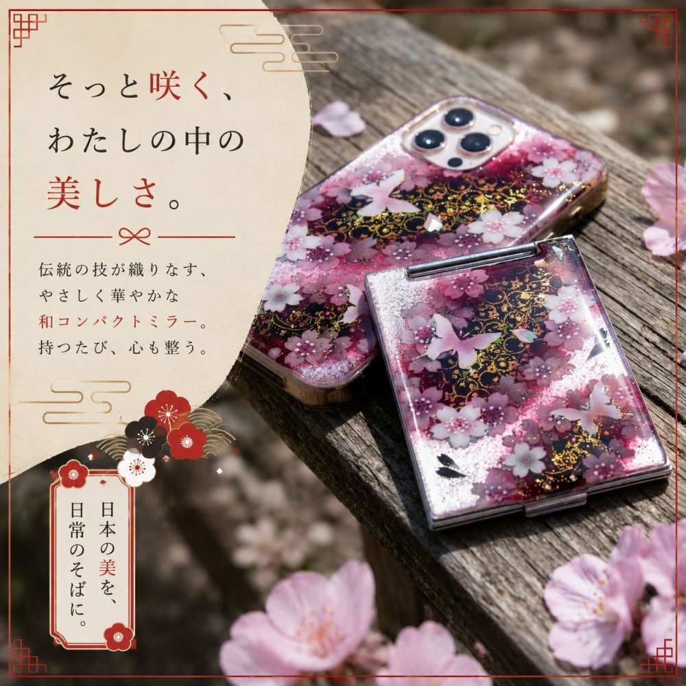 職人の手作り！和柄コンパクトミラー『似』名入れ 送料無料 和柄 和モダン 和雑貨 和小物 手鏡 折りたたみ 桜 伝統工芸 職人 手作り ハンドメイド 記念日 プレゼント ギフト