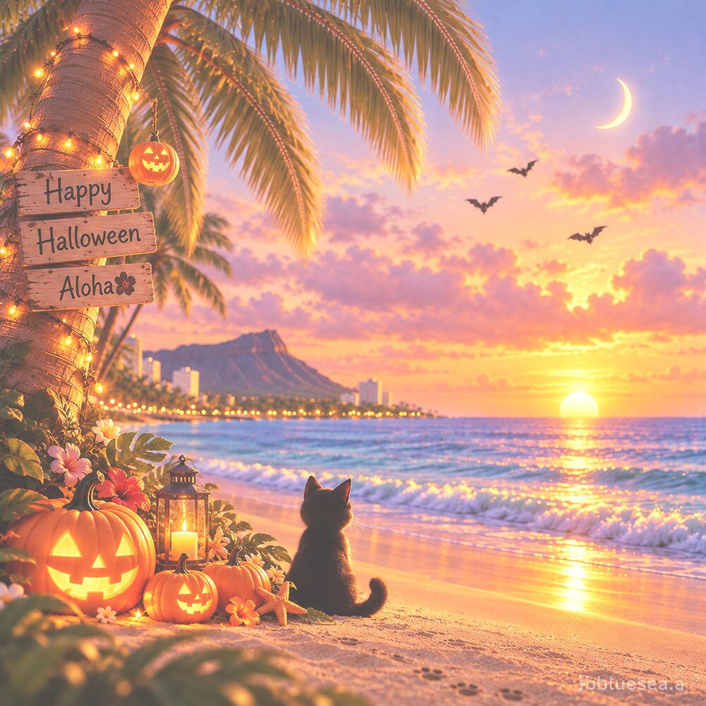 ハロウィン アートポスター 絵画 インテリア 黒猫 猫 ハワイ 夕焼け 海 おしゃれ かわいい 秋の飾り 玄関 リビング 壁掛け 天然木フレーム 選べる 額入り 猫好き 誕生日 プレゼント