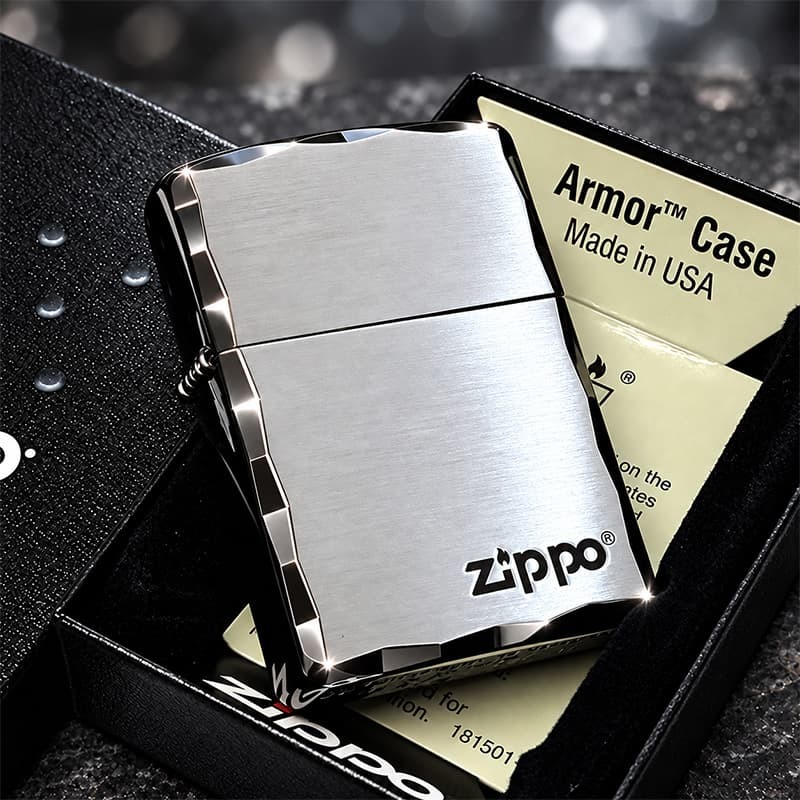 ZIPPO ライター アーマー ジッポ 重厚 シンプル ロゴ シルバーサテン＆ブラック 両面コーナー彫刻 黒銀 渋い かっこいい おしゃれ ギフト プレゼント