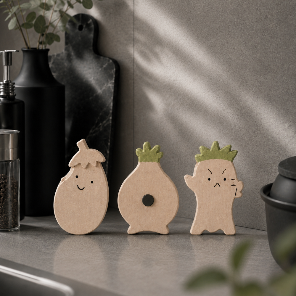 かわいいお野菜マグネットセット｜国産ヒノキ｜大根・玉ねぎ・なすの木製マグネット｜ペン立てにも｜ハンドメイド