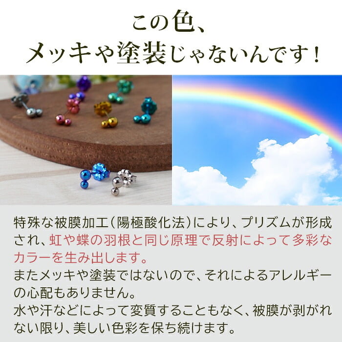 セカンドピアス チタン つけっぱなし 純チタン 丸玉 2連 ダブルボール 金属アレルギー 日本製 ポスト 軸太0.75mm 長さ10mm 全8色 全品1個ずつバラ売り 医療用 おすすめ かわいい シンプル 小さめ ミニ 極小 人気 プレゼント