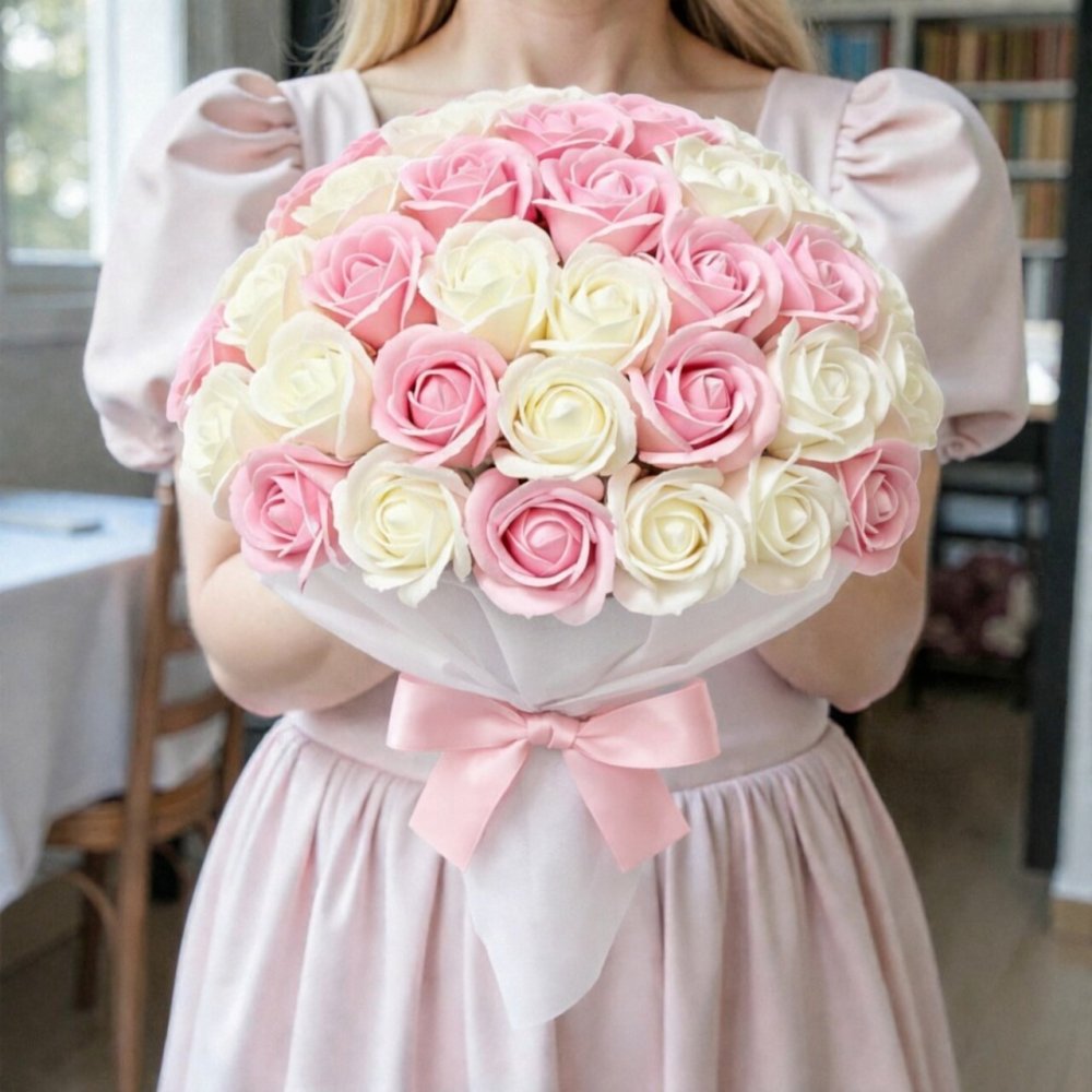 【ミルキーピーチ】「サヴォンローズ」 花束 ブーケ バラの花束 薔薇の花束 花ギフト フラワーギフト フラワーボックス プロポーズ サプライズ ソープフラワー シャボンフラワー 石鹸フラワー 石鹸の花 石鹸のバラ 枯れない花 インテリア 母の日 父の日 敬老の日 クリスマス バレンタイン ホワイトデー 誕生日 入学 卒業 就職 結婚祝い 結婚記念日 退職祝い 記念日 