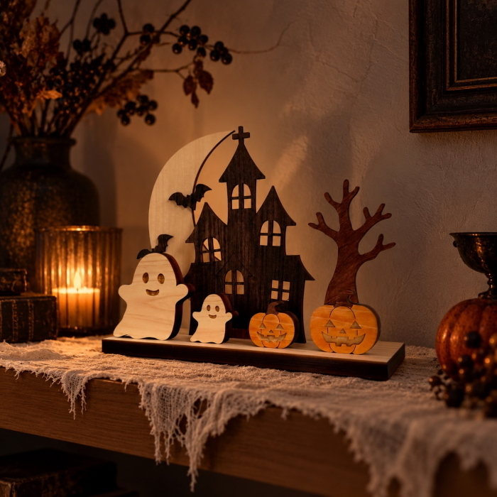 月夜のお化け屋敷　　国産紀州熊野檜・シナ ハロウィン かぼちゃ 飾り 置物 インテリア 木製 ナチュラル 大人 ギフト プレゼント コンパクト 省スペース リビング 玄関 男の子 女の子 可愛い